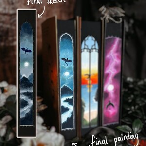 May include: A collection of fantasy-themed bookmarks with painted landscape designs. Each bookmark features a different scene, including mountains, dragons, and a full moon. The text "final sketch" and "final painting" are also visible.