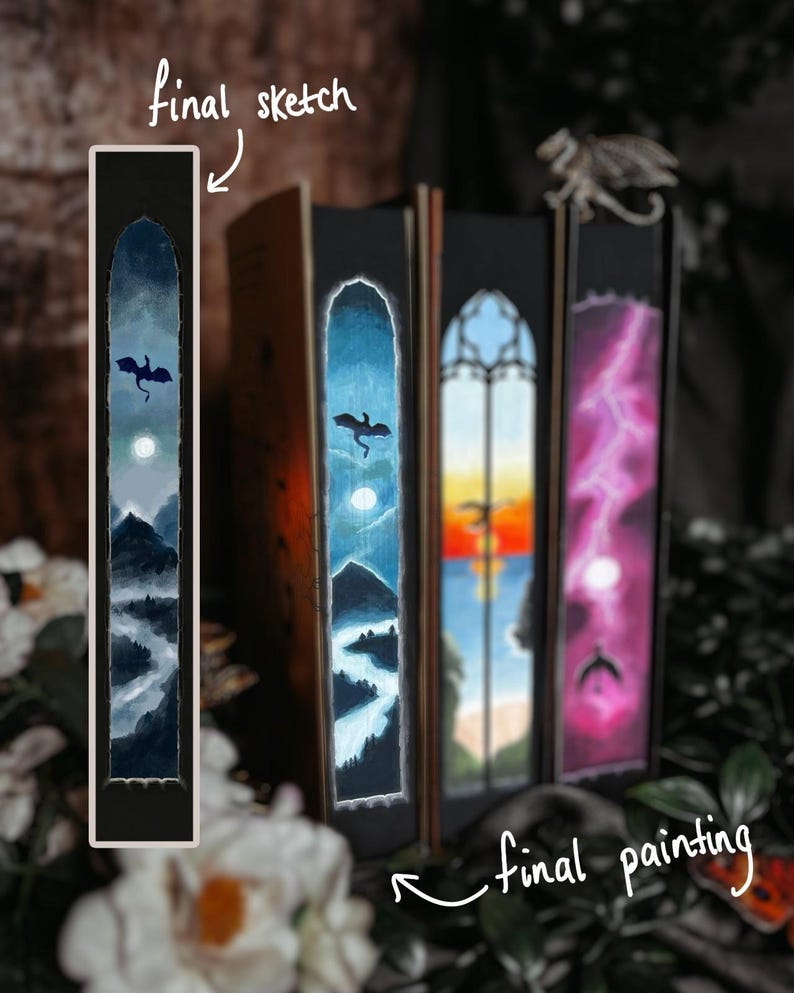 May include: A collection of fantasy-themed bookmarks with painted landscape designs. Each bookmark features a different scene, including mountains, dragons, and a full moon. The text "final sketch" and "final painting" are also visible.
