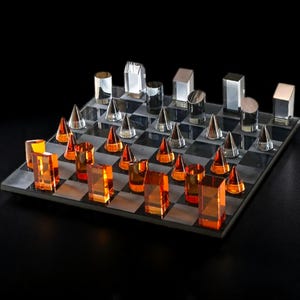 Crystal Glass Chess Set – Geometric K9 Design | Luxury Transparent Board Game Decor | Handmade Gift for Home or Office