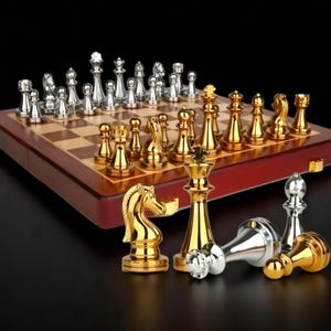 Luxury Folding Chess Set – Gold & Silver Metal Pieces | 11.8&#39;&#39; Wood Board | Handmade Travel Game and Gift for Him or Her