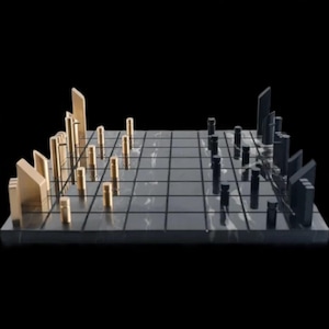 Modern Marble and Metal Chess Set – Luxury Geometric Design with Gold & Black Pieces | Handmade Decorative Game for Gift and Home