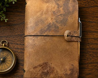 May include: A rectangular leather journal with a distressed tan finish, secured by a thin black elastic band and a matching leather tab. A silver metal pen is tucked into the side, and the cover features visible brass-colored eyelets at the corners.