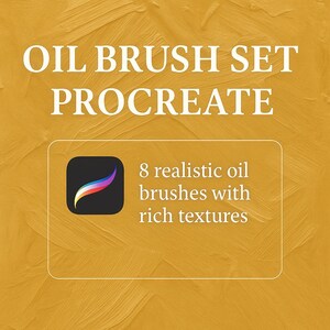 Könnte beinhalten: Ein Bild mit dem Text "OIL BRUSH SET PROCREATE" in weißen Buchstaben auf einem strukturierten gelben Hintergrund. Ein schwarzes Quadrat mit einem farbenfrohen geschwungenen Design und dem Text "8 realistische Ölpinsel mit reichen Texturen" ist ebenfalls vorhanden.