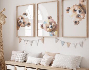 Peekaboo Bear Nursery Wall Art Set of 3 – Cute Woodland Animal Prints for Baby Room – Digital Download Nursery Decor – Bear Printable Art