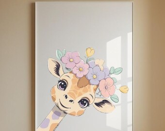 Kiekeboe babygiraf kinderkamer print – bloemenkroon safari muurkunst – afdrukbare digitale download – genderneutraal – 5 maten inbegrepen