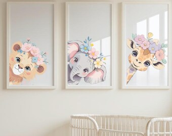 Zestaw 3 wydruków do pokoju dziecięcego „Peekaboo Safari” – żyrafa, słoniątko i lew z wiankami z kwiatów – do druku na ścianę, do pobrania w wersji cyfrowej