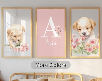 Puppy Nursery Wall Art Set of 3 Prints | Cute Dog with Wildflowers | Personalized Name Print | Custom Background Color |Baby Kids Room Decor