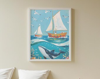Ocean Whale Kinderzimmer Wand Kunst | Maritimer Babyzimmer Deko mit Segelboot & Möwen | Küsten Digital Download Dekor