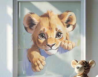 Baby Lion Nursery Print - Safari Jungle Animal Wall Art for Kids Room | Digital Download Baby Lion Poster | Cute Safari Nursery Decor