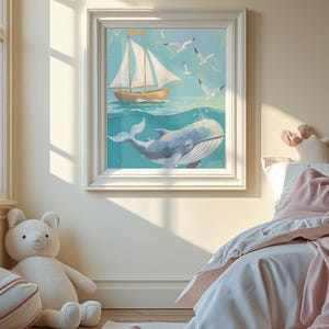 Decorazione murale per cameretta con balene e barche • Avventure nell'oceano stampabili • Decorazioni per cameretta • Tema gabbiani e mare • Download digitale