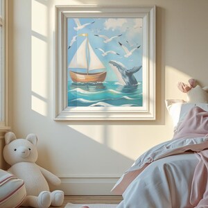 Decorazione murale per cameretta con tema oceano / Decorazione murale per cameretta con balena e barca, tema oceano stampabile per la cameretta del bambino, decorazioni costiere per bambini