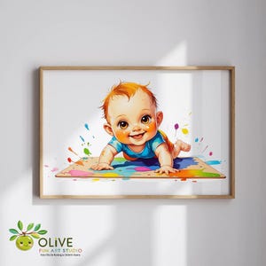 Lámina artística de bebé desordenado: un bebé adorable jugando con pinturas / Arte colorido para la pared de la habitación de un bebé / Descarga digital para la sala de juegos y la decoración infantil