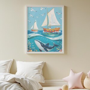 Ocean Nursery Wall Art | Whale and Seagulls Printable | Sea Boat Digital Download | Coastal Nursery Decor | Baby Boy Room | Kids Room Print