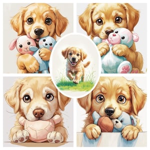 Golden Retriever Welpe Prints - 5er-Set Digitale Wandkunst fürs Kinderzimmer | Glücklicher Baby Hund Kunst | Geschlechtsneutrales Welpen-Dekor |