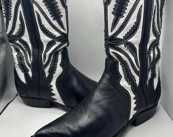 Vintage Western Cowboy Boots – Black White Leather Tall Boots