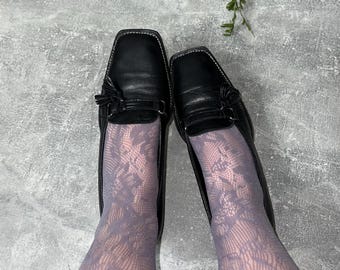Vintage 90s Leather Loafers: Black Square Toe Block Heel, Size 7.5
