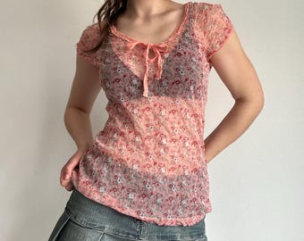 Floral Mesh Top – Pink Coquette Sheer Tie Front Romantic Blouse