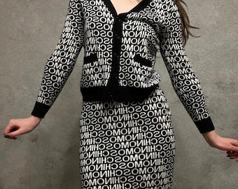 Moschino Logo Skirt Suit Set – Designer Monogram Cardigan & Pencil Skirt