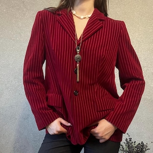 Vintage Red Pinstripe Blazer – 80s Power Suit Jacket – Structured Velvet Look