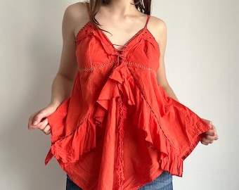 Red Boho Top – Ruffle Lace Up Cami Festival Summer Blouse