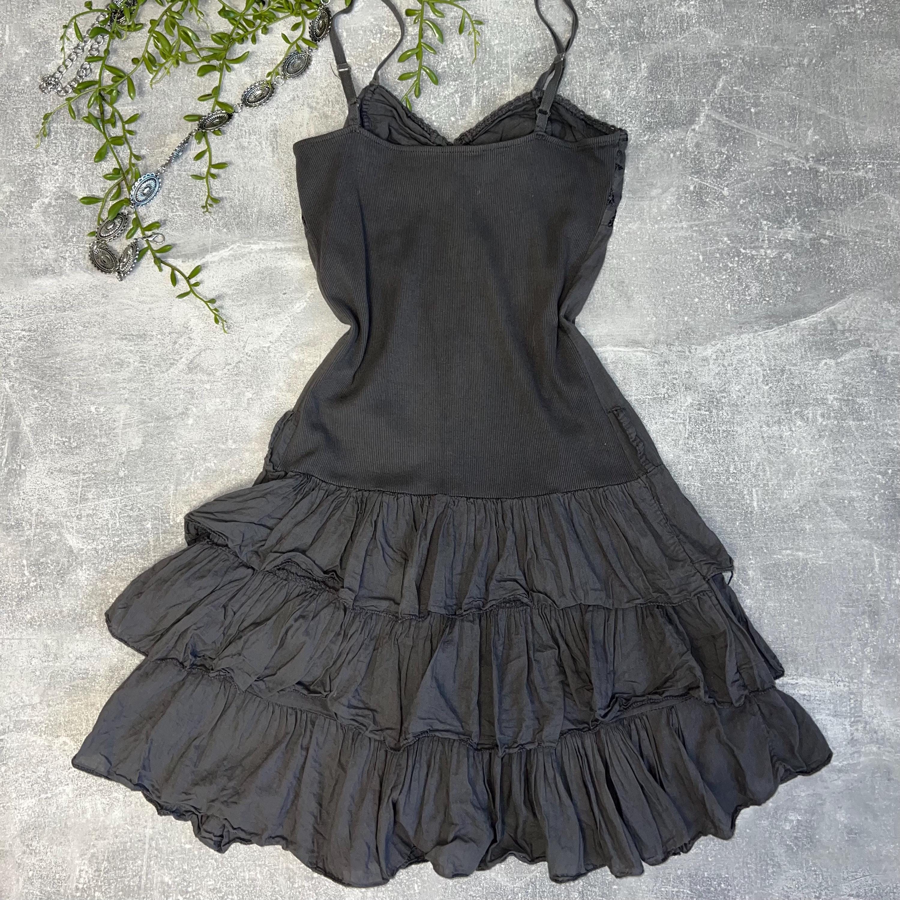 ダークチャコールのフリル付きボヘミアンミニドレス - イタリア製