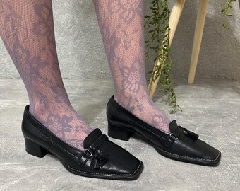 Vintage 90s Leather Loafers: Black Square Toe Block Heel  display picture 3