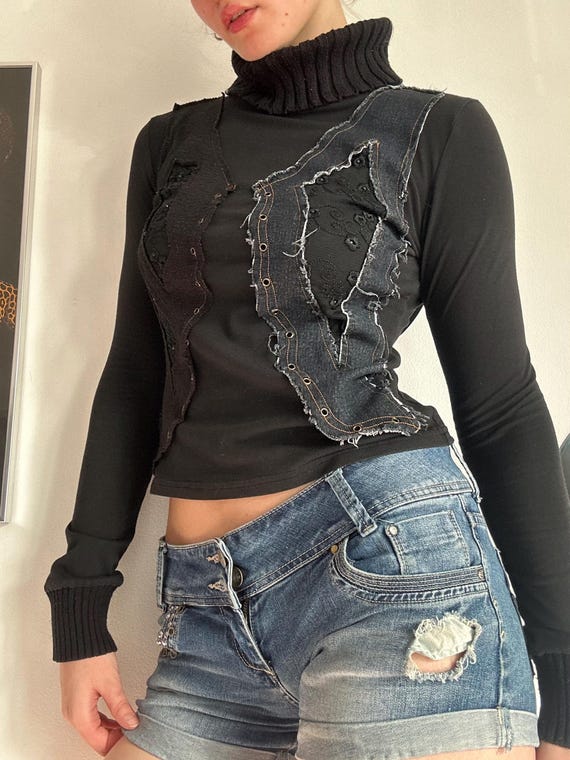 Y2K Deconstructed Top – Patchwork Denim, Grunge T… - image 7