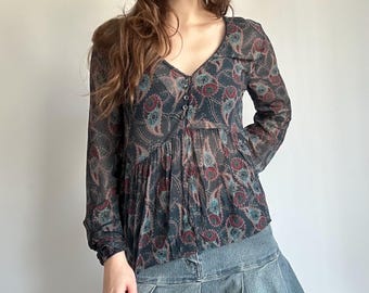 Paisley Blouse – Sheer V Neck Boho Fairycore Babydoll Top