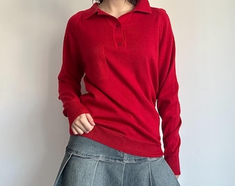 Wool Polo Sweater – Red Knit Collared Jumper Preppy Minimal Look