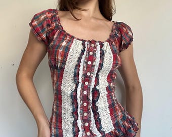 Vintage Cottagecore Bluse mit Karomuster und Spitze, Prärie-Top
