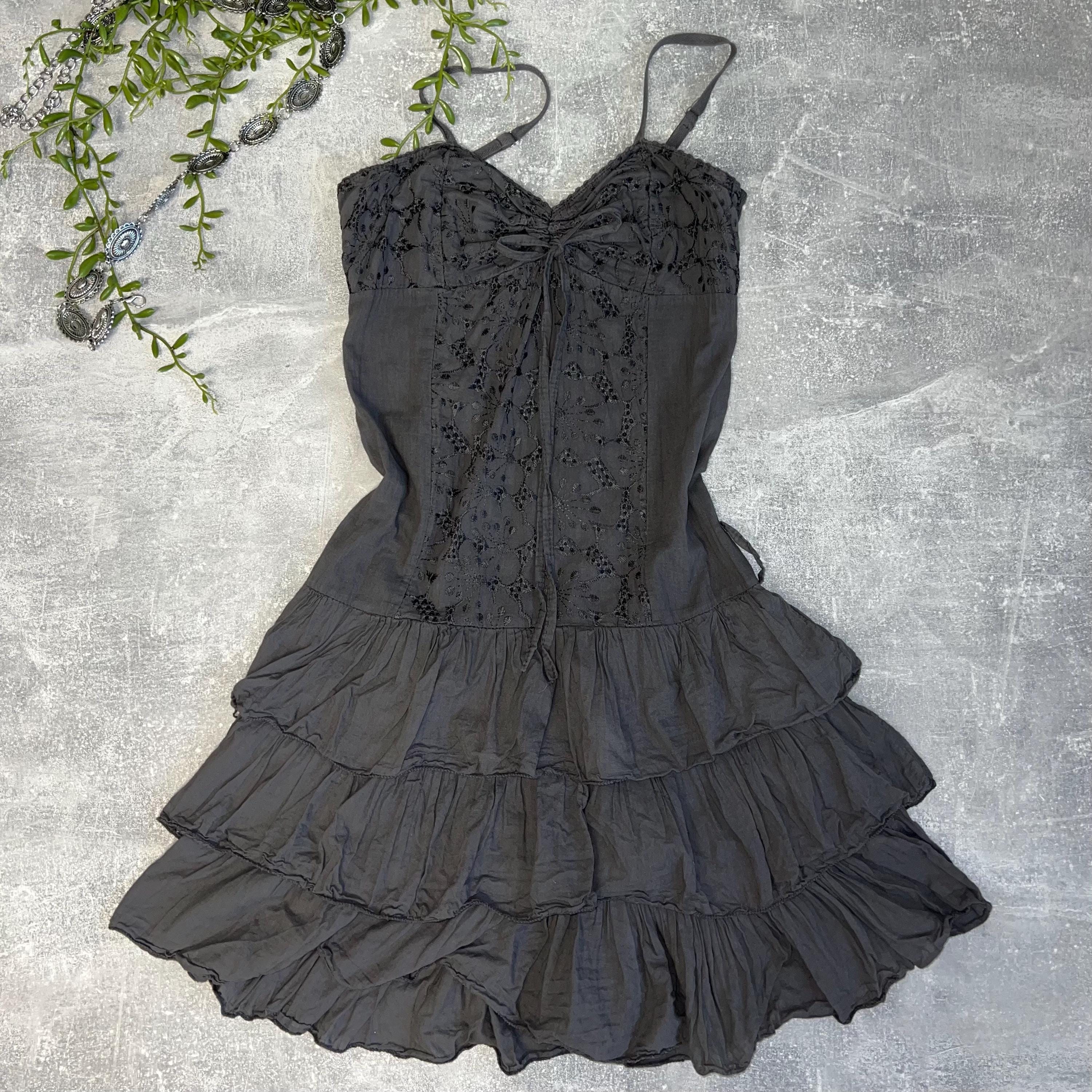ダークチャコールのフリル付きボヘミアンミニドレス - イタリア製