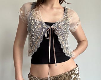 Sheer Lace Bolero – Y2K Beaded Mesh Tie Front Coquette Fairy Top