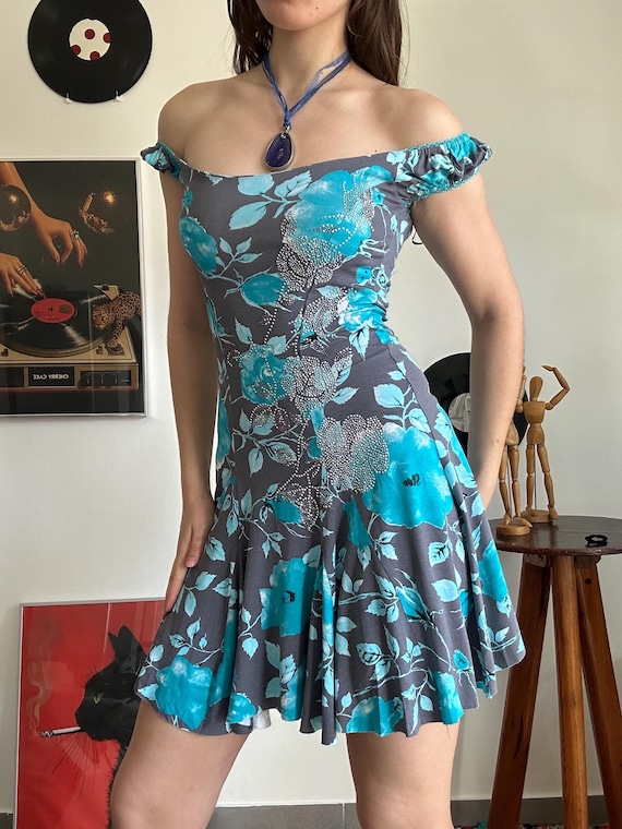 Jane Norman Dress Off Shoulder Floral Mini Blue