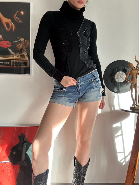 Y2K Deconstructed Top – Patchwork Denim, Grunge T… - image 8