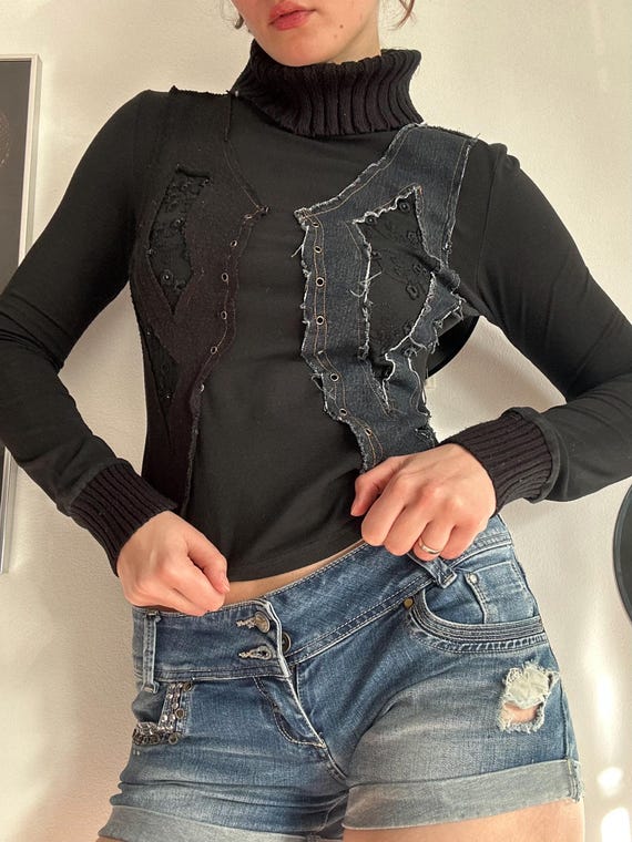 Y2K Deconstructed Top – Patchwork Denim, Grunge T… - image 4