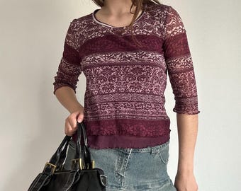 Mesh Boho Top – Burgundy Floral Y2K Long Sleeve Blouse