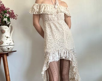 Boho Lace Dress Off Shoulder Cream Fringe Festival Romantic Midi