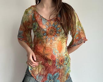 Silk Boho Top – Floral Sheer Summer Blouse Festival Style
