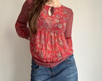Viscose Blouse – Red Floral Boho Fairycore Romantic Summer Top