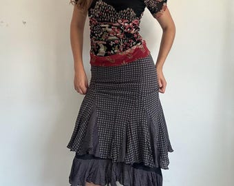 Tiered Midi Skirt Viscose Black Boho Ruffle Bottom
