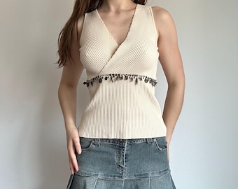 Fringe Knit Top Viscose Cream Boho Chic