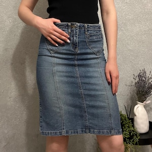 Y2K Denim Pencil Skirt | Vintage 2000s Jean Skirt Above Knee | Retro Streetwear Midi Skirt