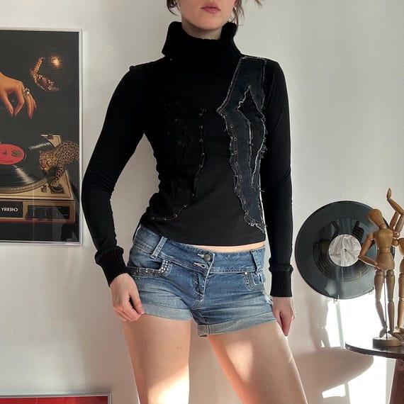 Y2K Deconstructed Top – Patchwork Denim, Grunge T… - image 11