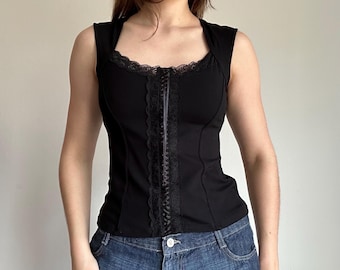 Fitted Lace Tank Black Slim Top – Y2K Minimal Sexy Clubwear