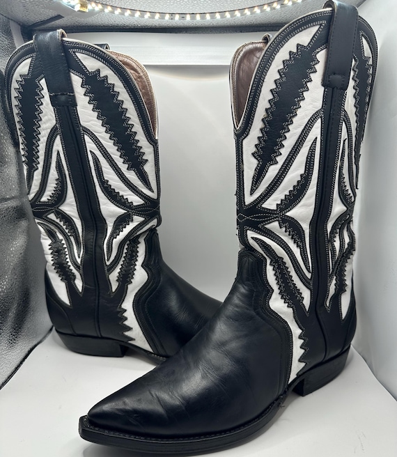 Vintage Western Cowboy Boots – Black White Leather Tall Boots