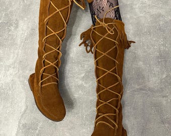 MINNETONKA Brown Suede with Fringe Leather Lace-Up Women\'s 8 Booties MINNETONKA BROWN SUEDE MID-CALF FRINGE BOOTS SIZE 7 BOHO  main image 3
