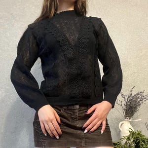 Vintage-Inspired Black Lace Blouse – Romantic Sheer Long Sleeve Top