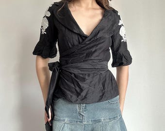 Black Wrap Top Silk Dark Romantic Embroidered Blouse