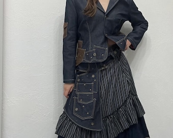 Denim Blazer Skirt Set – Patchwork Panel Suit