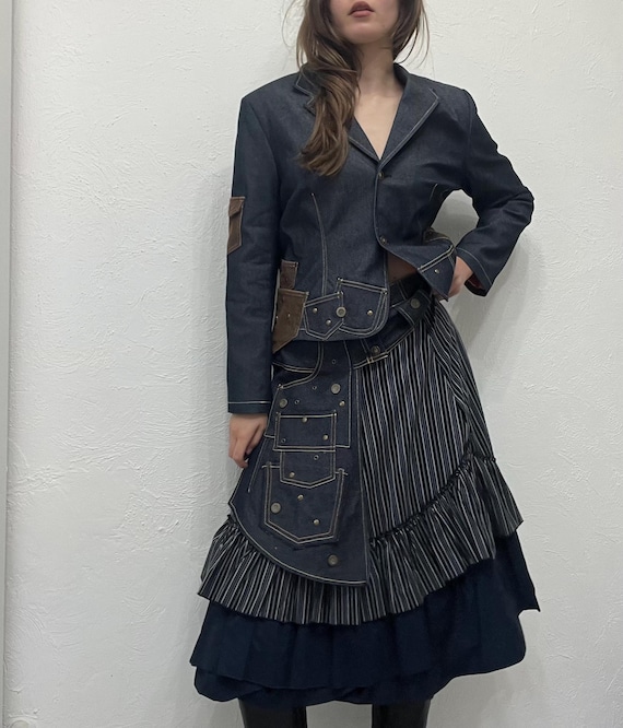 デニムブレザースカートセット - パッチワークパネルスーツ - Etsy 日本